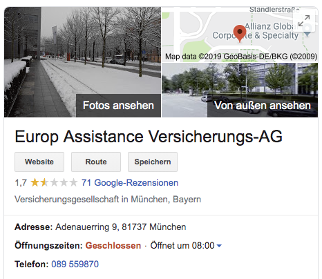 Kundenbewertungen bei Google – Rezensionen über Europ Assistance Versicherungs-AG